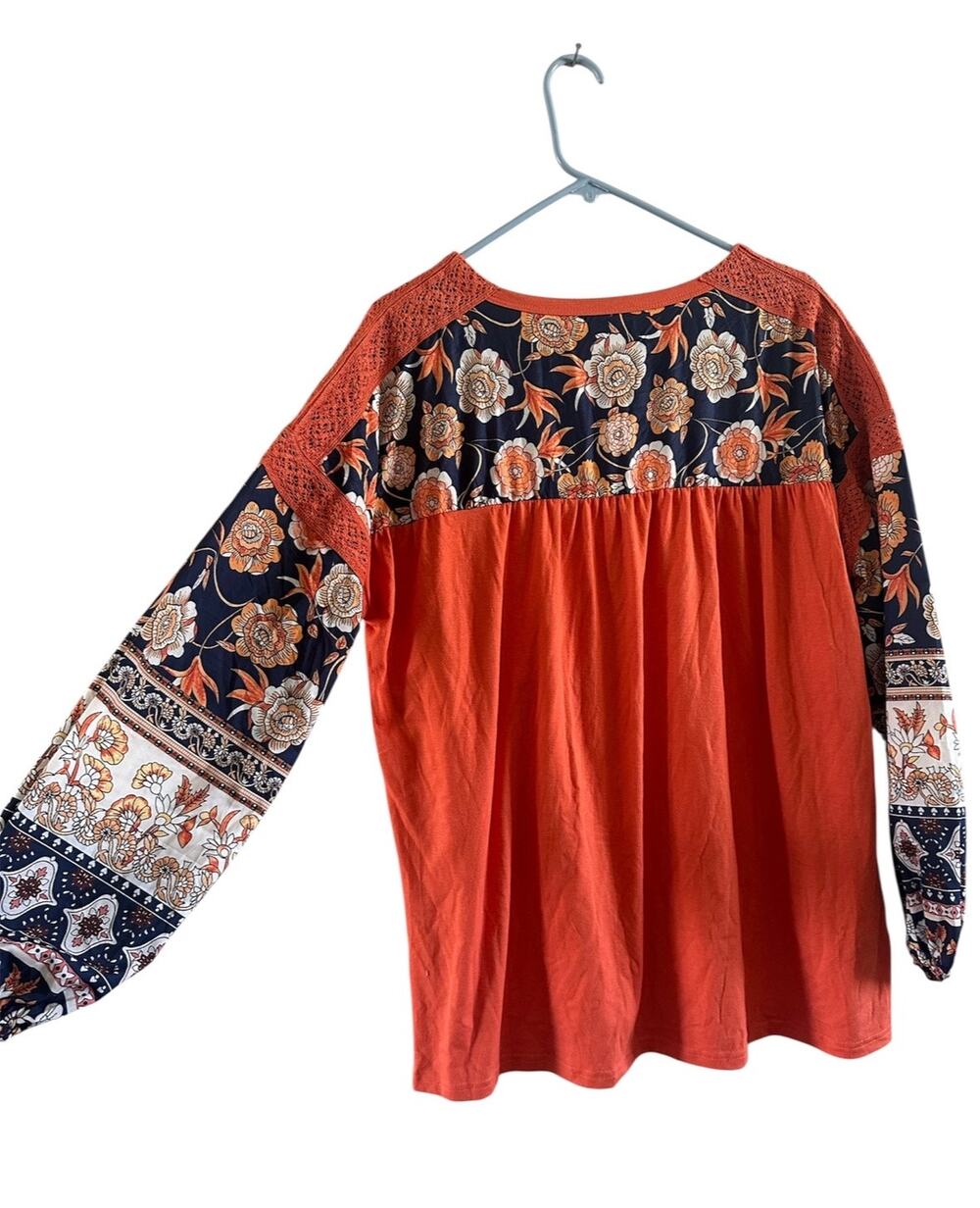 Orange & navy floral Blouse hippie peasant sleeves long sleeve shirt women M L